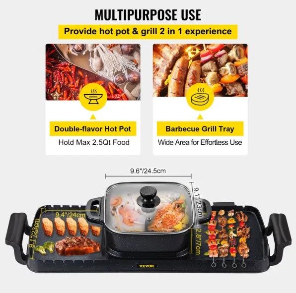Electric Hot Pot 2in1 Grill Dual Thermostat Nonstick Combo