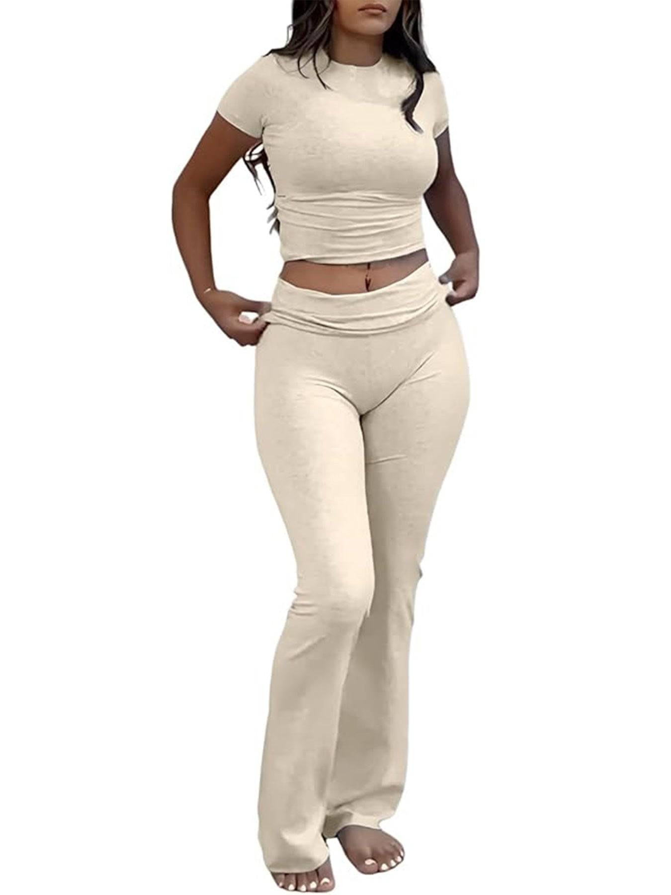 Womens Two Piece Set Slim Fit Crewneck Tee and Flared Pants