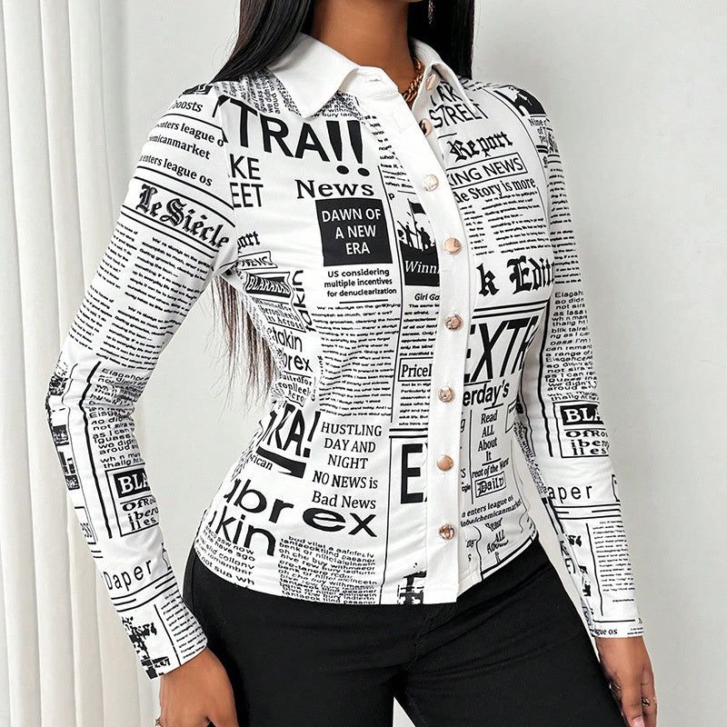 Printed Slim Fit Blouse with Long Sleeves and Single Button