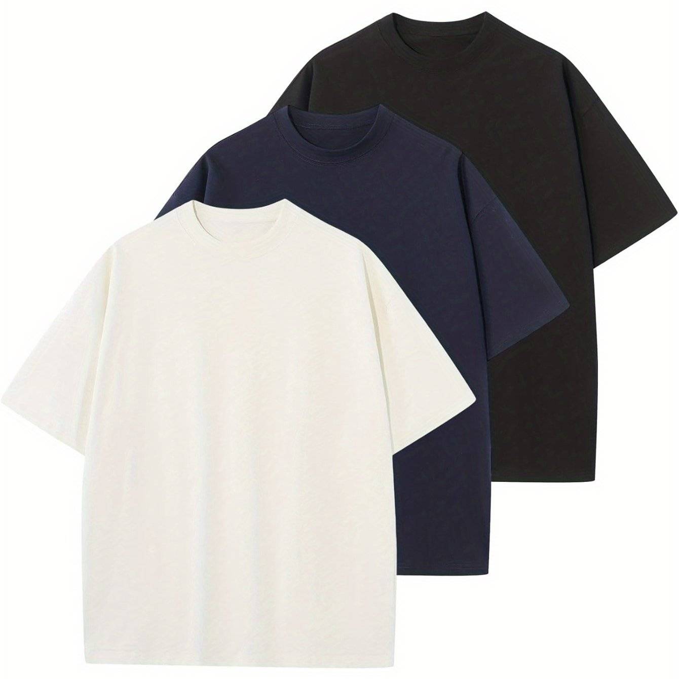 3pcs Men’s Oversized Crew Neck T-Shirts, Unisex Solid Color Cotton Tops with Short Sleeves, Lightweight & Breathable