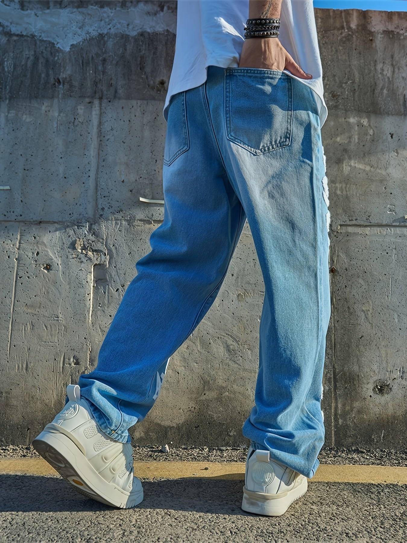 Men’s Loose Fit Jeans Light Blue Streetwear Style Straight-Leg Nonstretch Denim with Letter Print