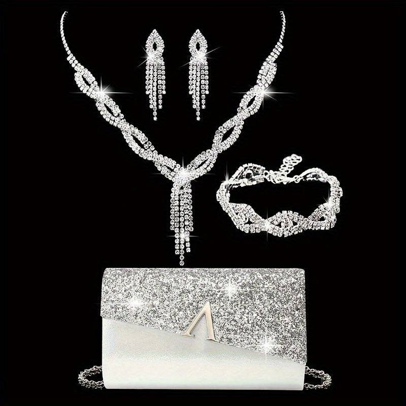 4pcs Elegant Dinner Set – Glossy Flip Cover Clutch Bag with Rhinestone Earrings, Necklace & Bracelet for Weddings and Formal Events