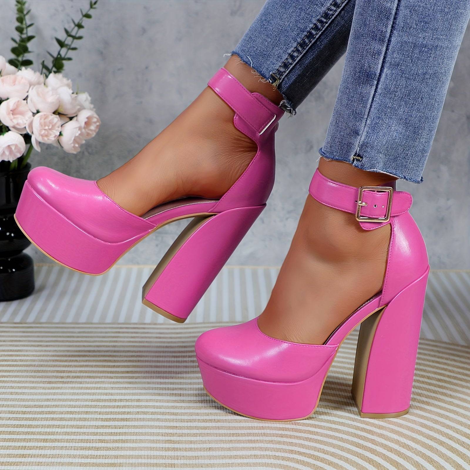 Women's Pink Platform Mary Jane Pumps, Chunky Block Heel with Adjustable Strap, Closed Toe PU High Heels for Parties and Weddings