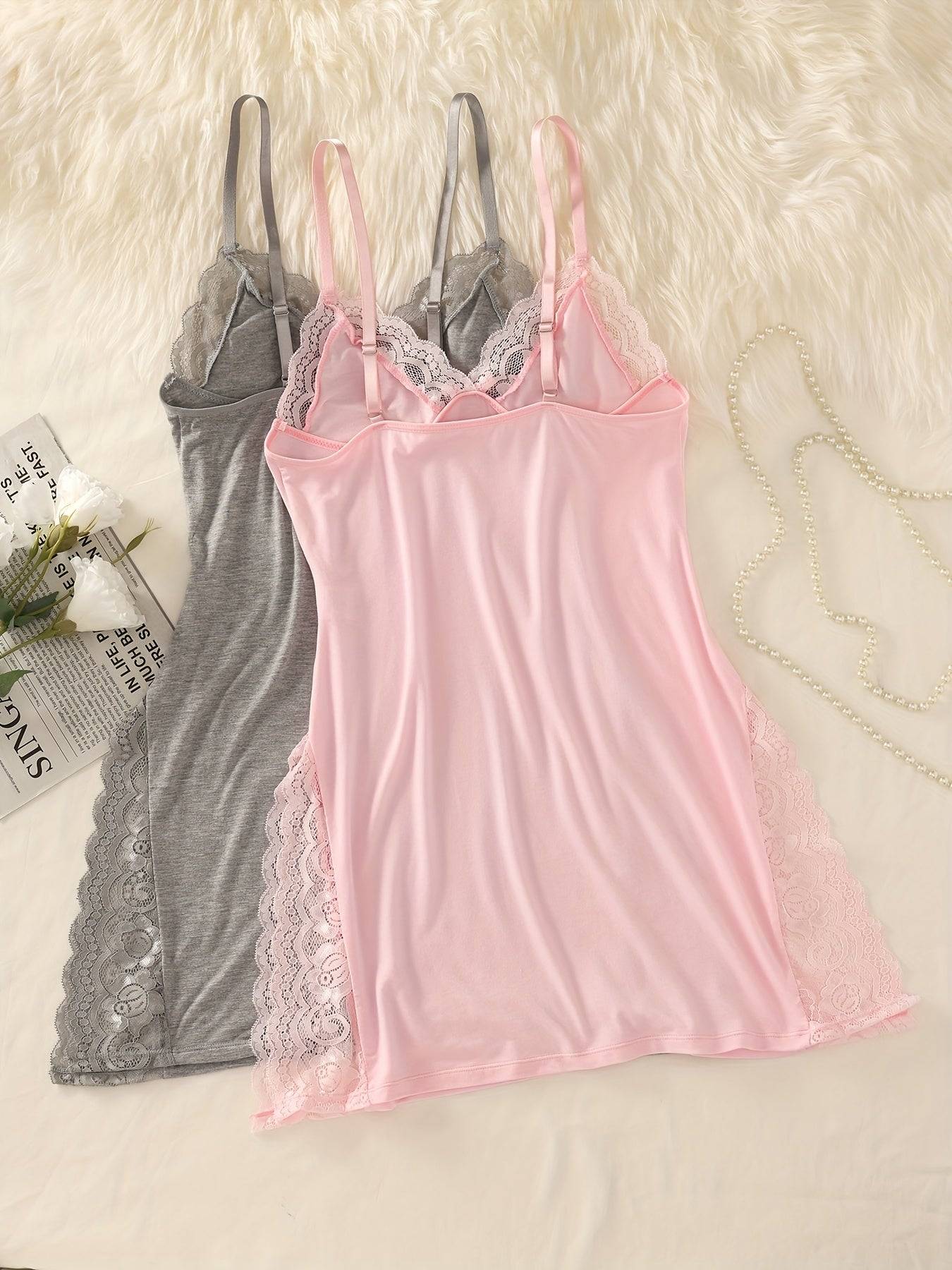 2-Pack Women's Lace Nightgown – Soft Modal Babydoll Sleepwear with Adjustable Straps, V-Neck & Side Slit for Summer Comfort
