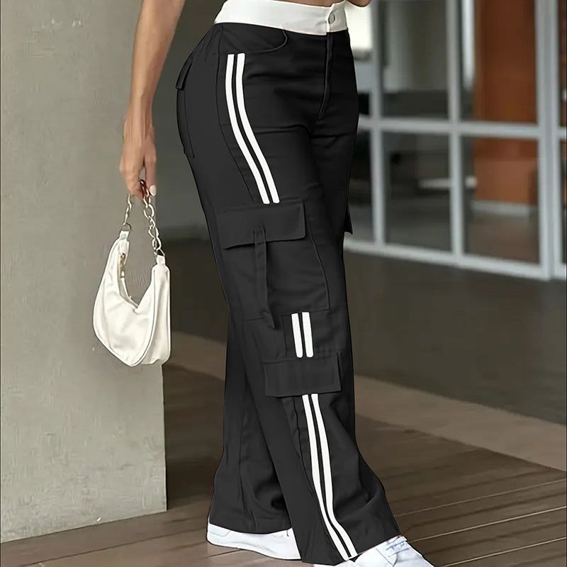 Striped Straight Leg Pants with Button Zip Closure