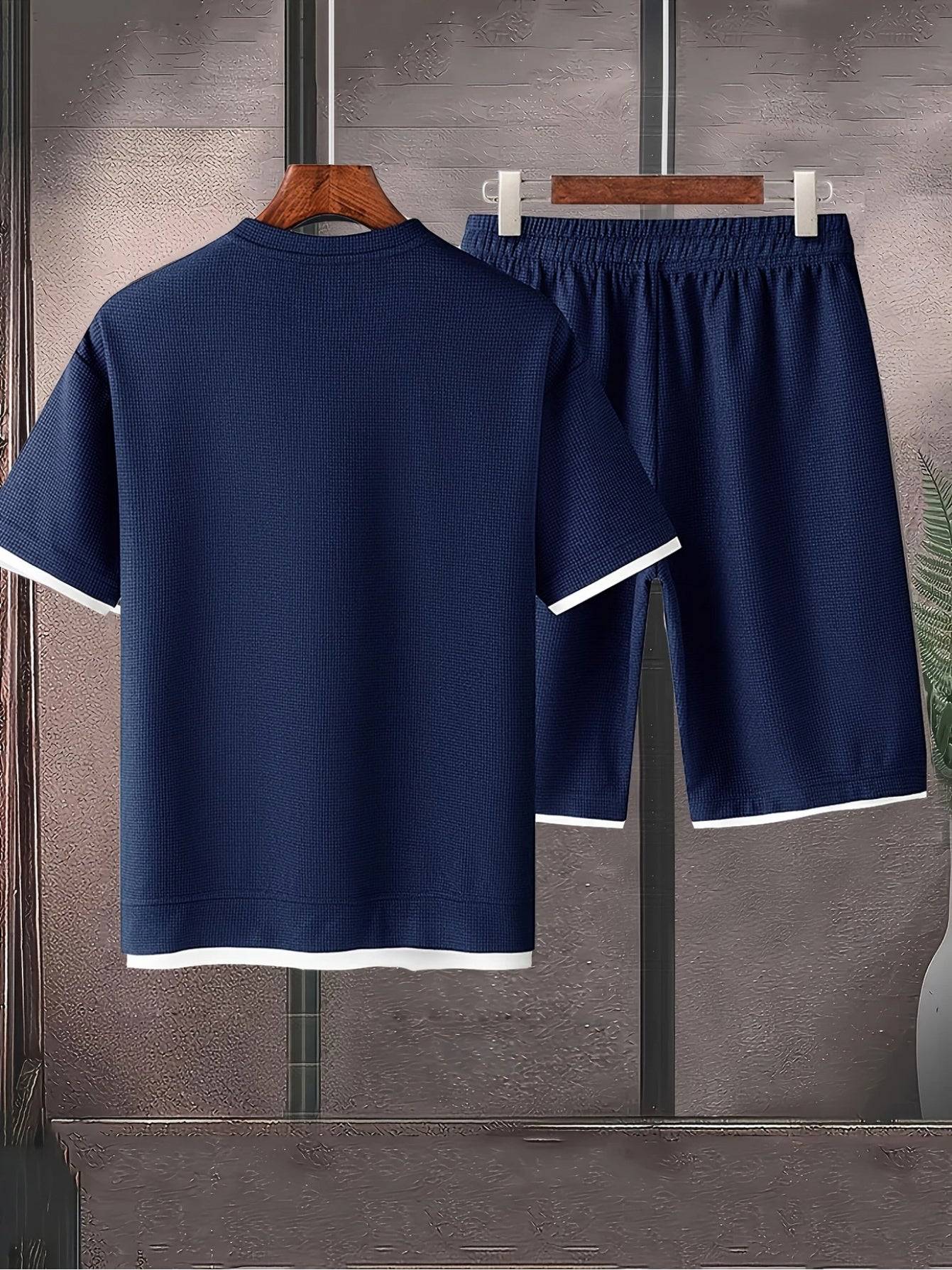 Men’s Waffle Short-Sleeve T-Shirt & Shorts Set, Casual 2-Piece Summer Outfit with Loose Fit for Sports & Vacation