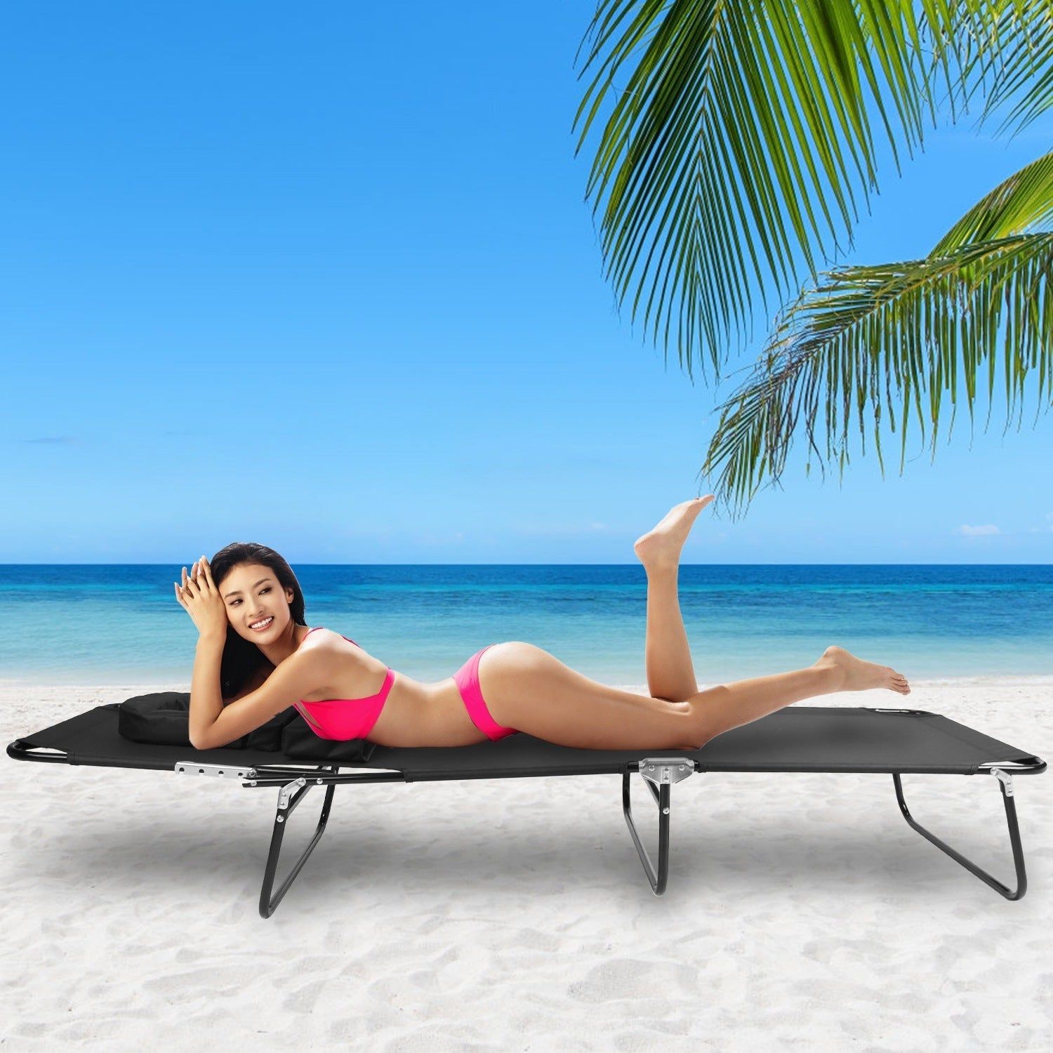 Folding Beach Lounge Chair with Face Hole 5-Position Adjustable Recliner 3 Removable Pillows 265 lbs Max Load