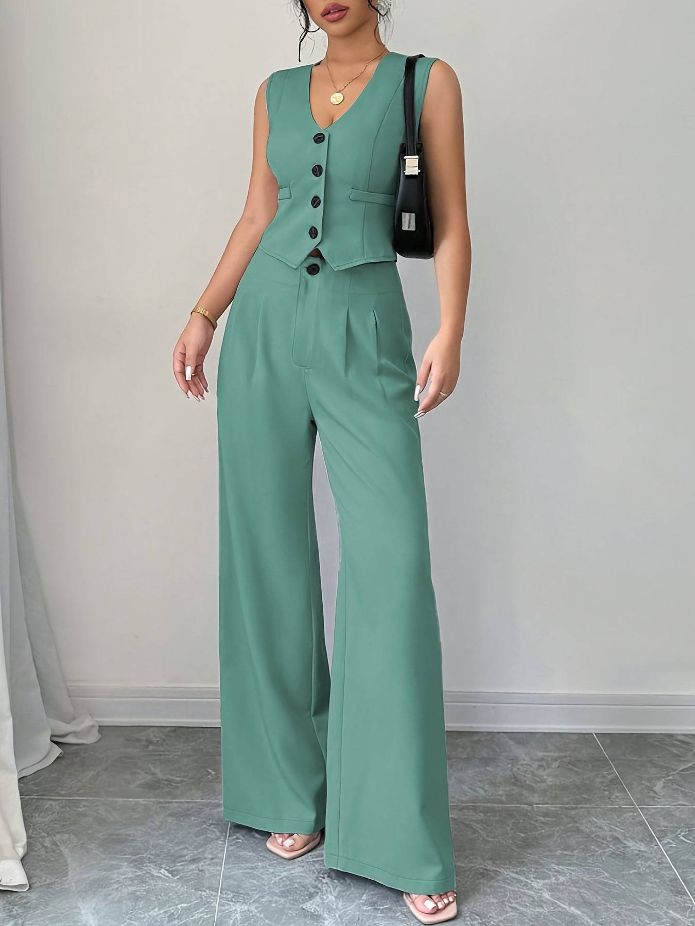 Women's 2-Piece Summer Set featuring a sleeveless V-neck vest with buttons and low waist pleated wide-leg pants in sage green, ideal for chic summer wear.