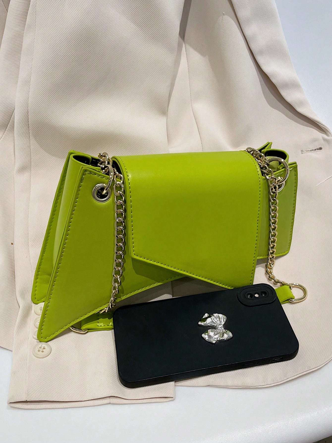 Neon Green Tote Bag PU Leather Chain Stone Pattern Purse