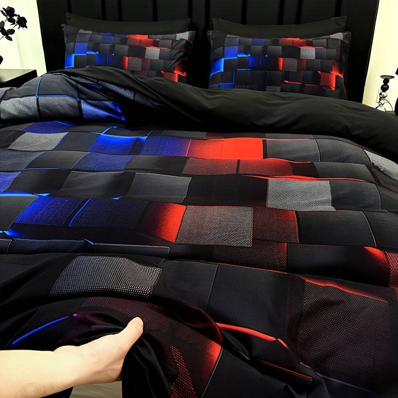 Cool Tech Duvet Cover Set 3-Piece – Red & Blue Digital Print Bedding, All-Season for Twin to King