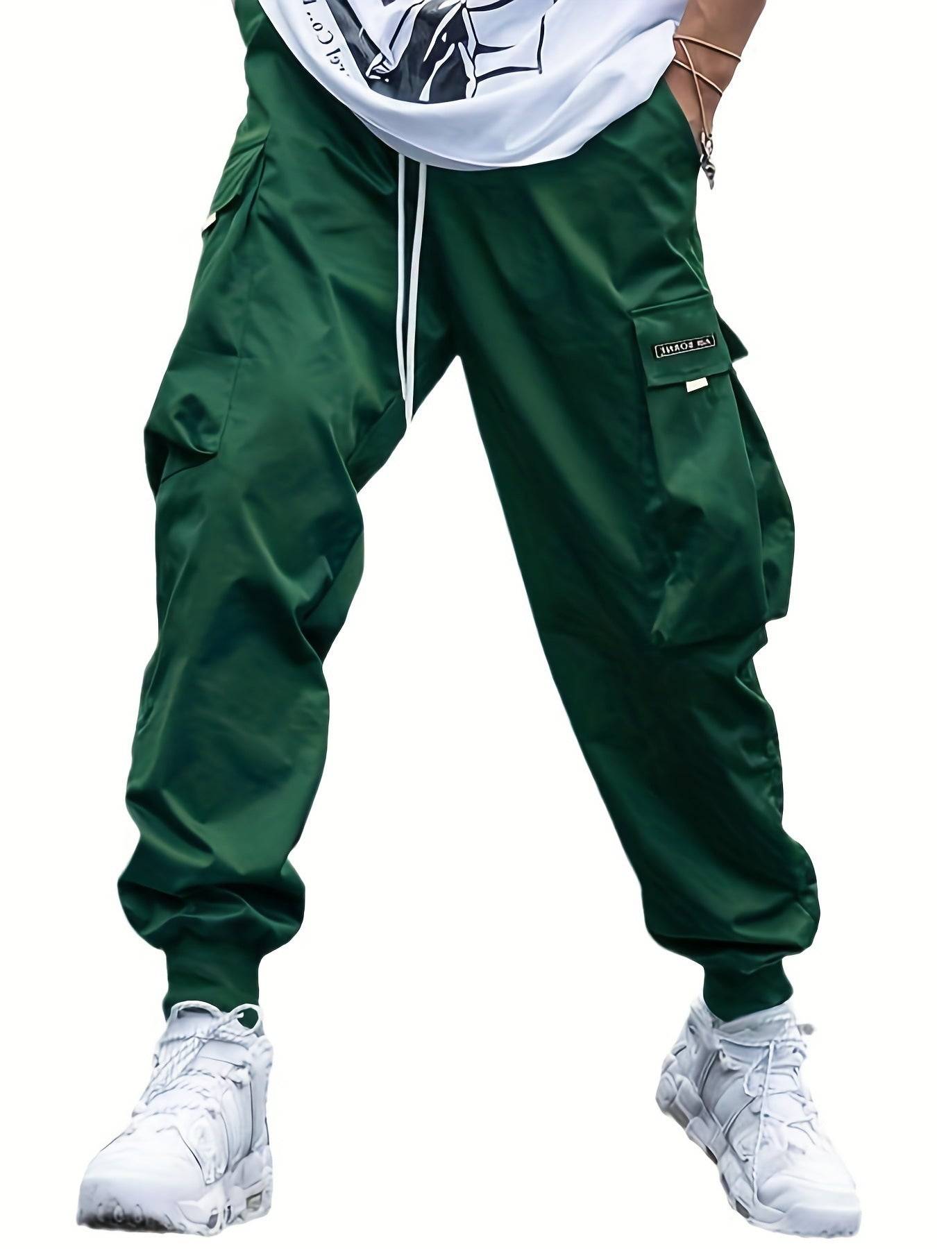 Mens Loose Fit Cargo Pants with Drawstring and Multi Pockets