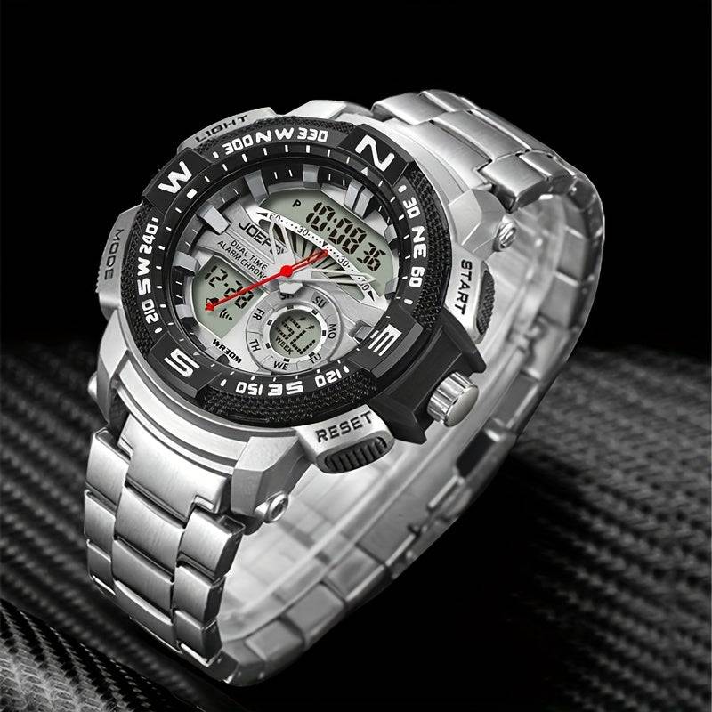 Men’s Gold-Tone Sport Watch – Dual Digital & Analog Display, LED Face, Stainless Steel Band, Stopwatch, Alarm & Calendar Function