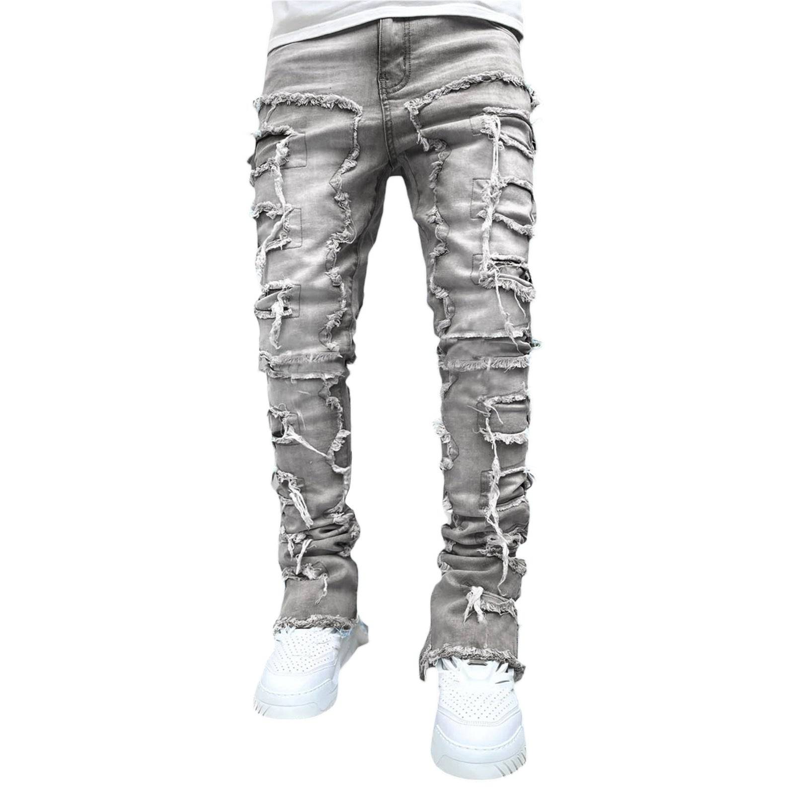 Men’s Stacked Slim Jeans with Patchwork Cotton Denim