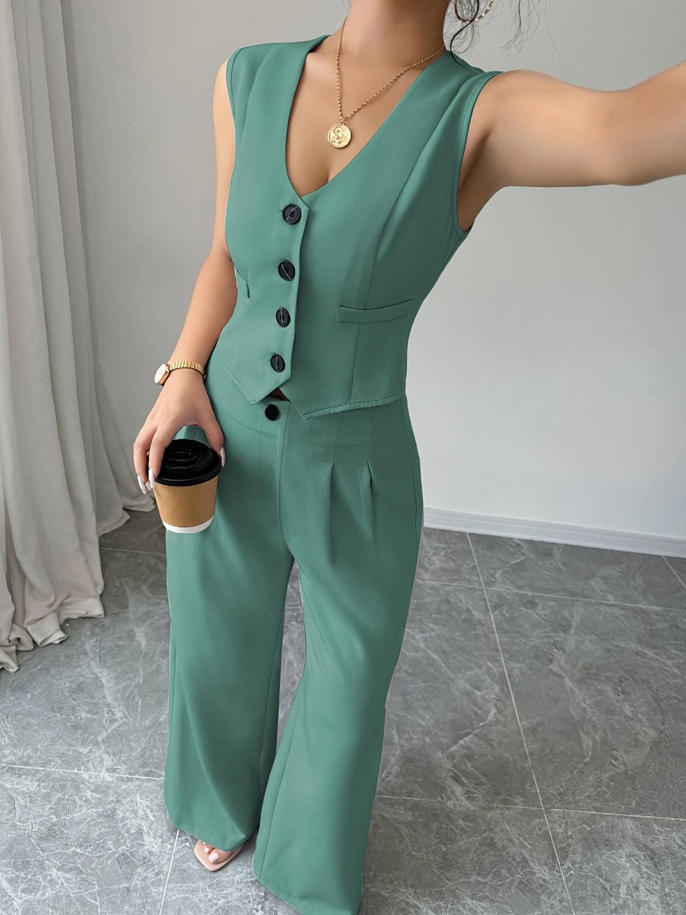 Close-up of Women's 2-Piece Summer Set showing buttoned V-neck vest and high-quality pleated wide-leg pants, great for casual or semi-formal summer looks.