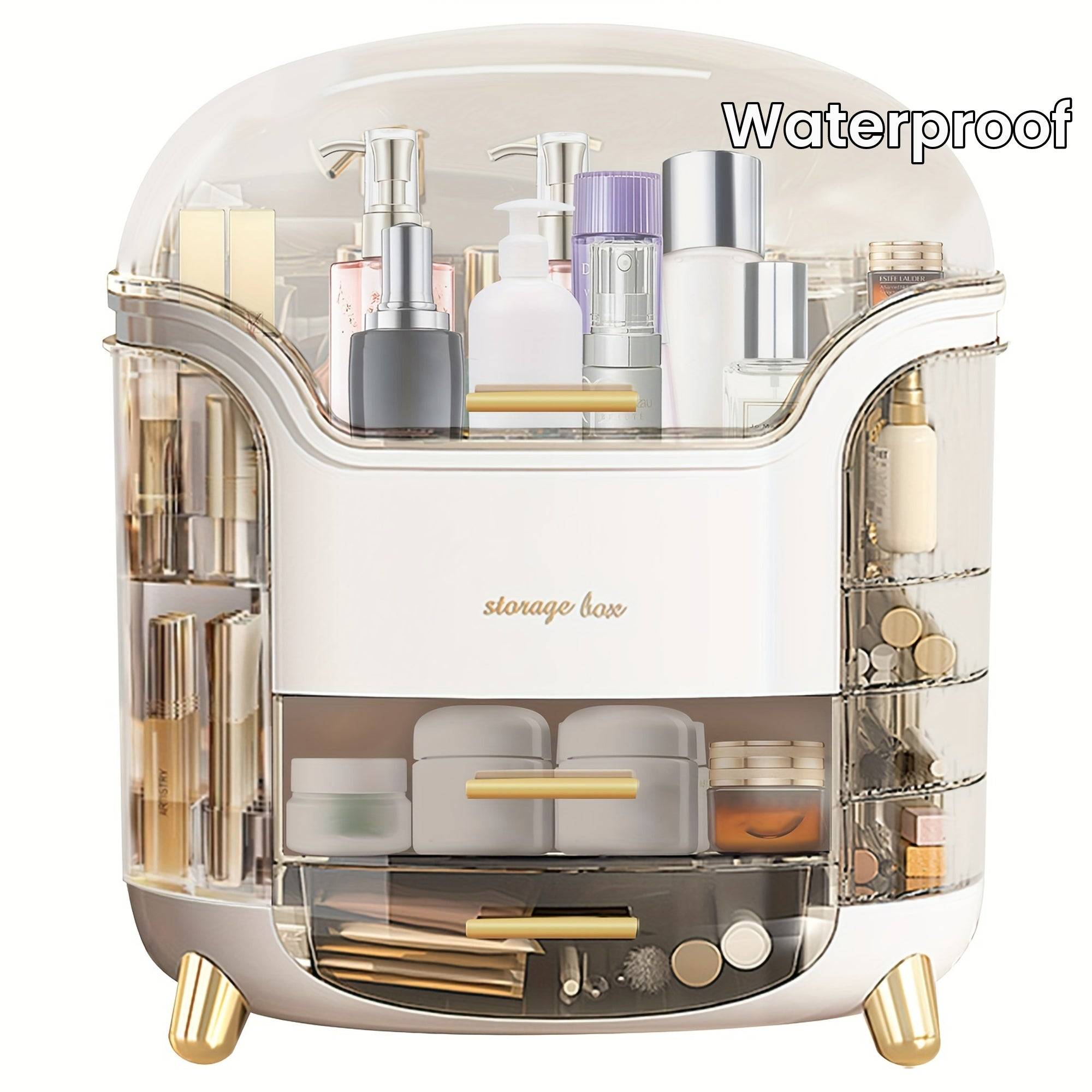 Waterproof Makeup Storage Organizer with Clear Lid and gold accents, ideal for dustproof cosmetic storage in bathrooms and vanity areas.