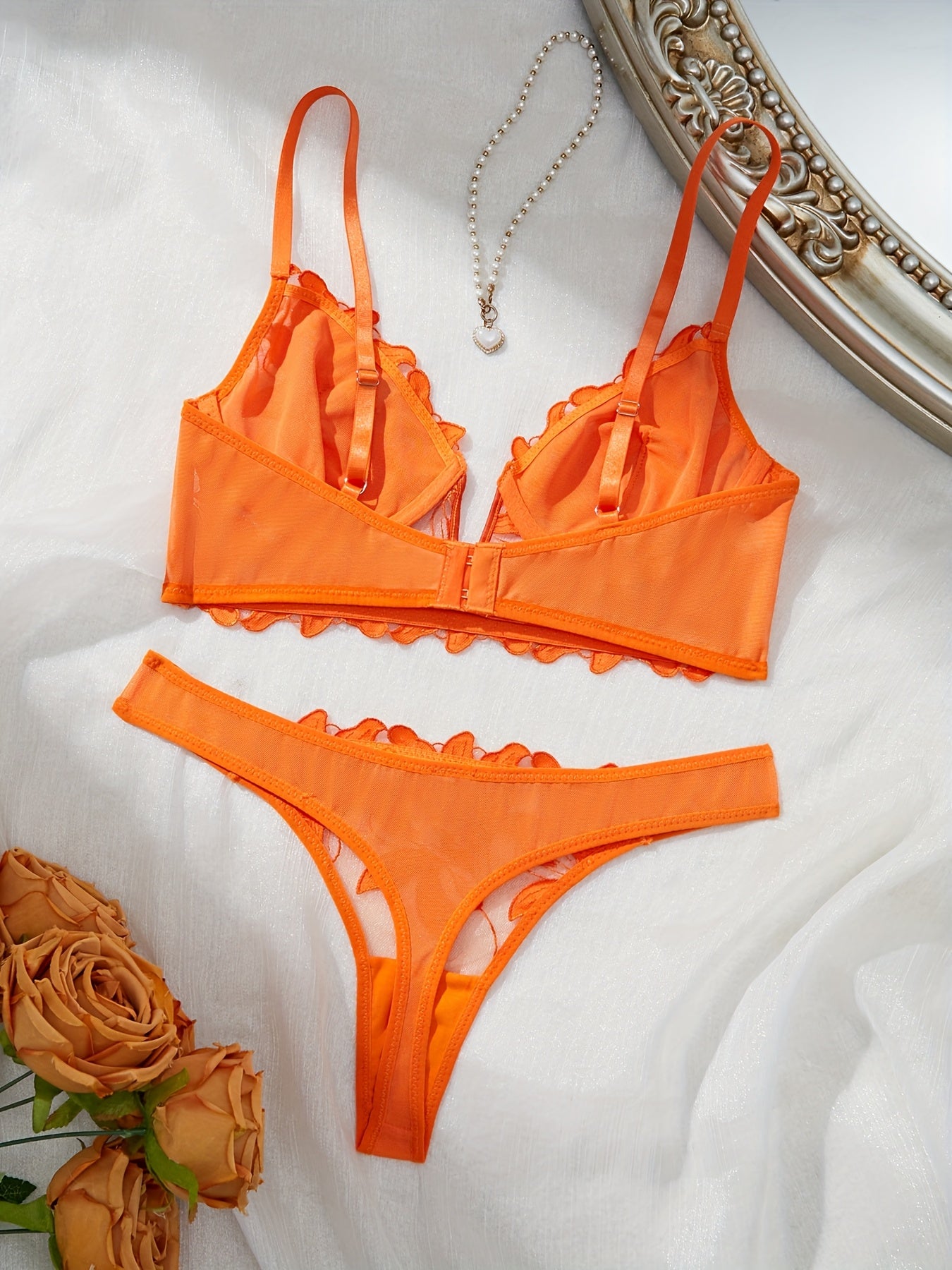 Women's Mesh Floral Embroidery Lingerie Set – Transparent Deep V Bra & Underwear, Elegant Matching Set