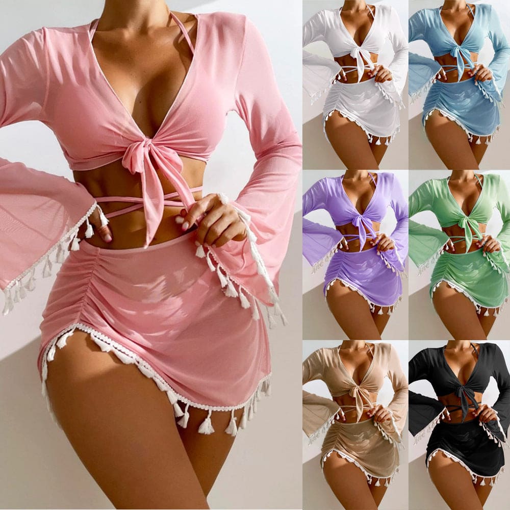 Solid Color Bikini With Short Skirt And Long Sleeve Cover-up Fashion Bow Tie Fringed Swimsuit Set Summer Beach Womens Clothing - PMMNAPOLES