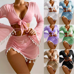 Solid Color Bikini With Short Skirt And Long Sleeve Cover-up Fashion Bow Tie Fringed Swimsuit Set Summer Beach Womens Clothing - PMMNAPOLES