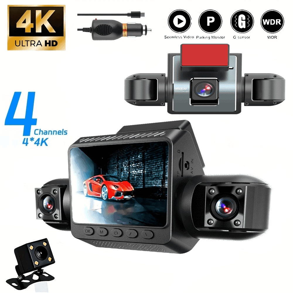 4-Channel 4K Night Vision Dash Cam 360° Rotatable Screen with Front, Rear & Side Cameras Parking Monitor, Motion Detection & 24H Recording for Vehicle Security