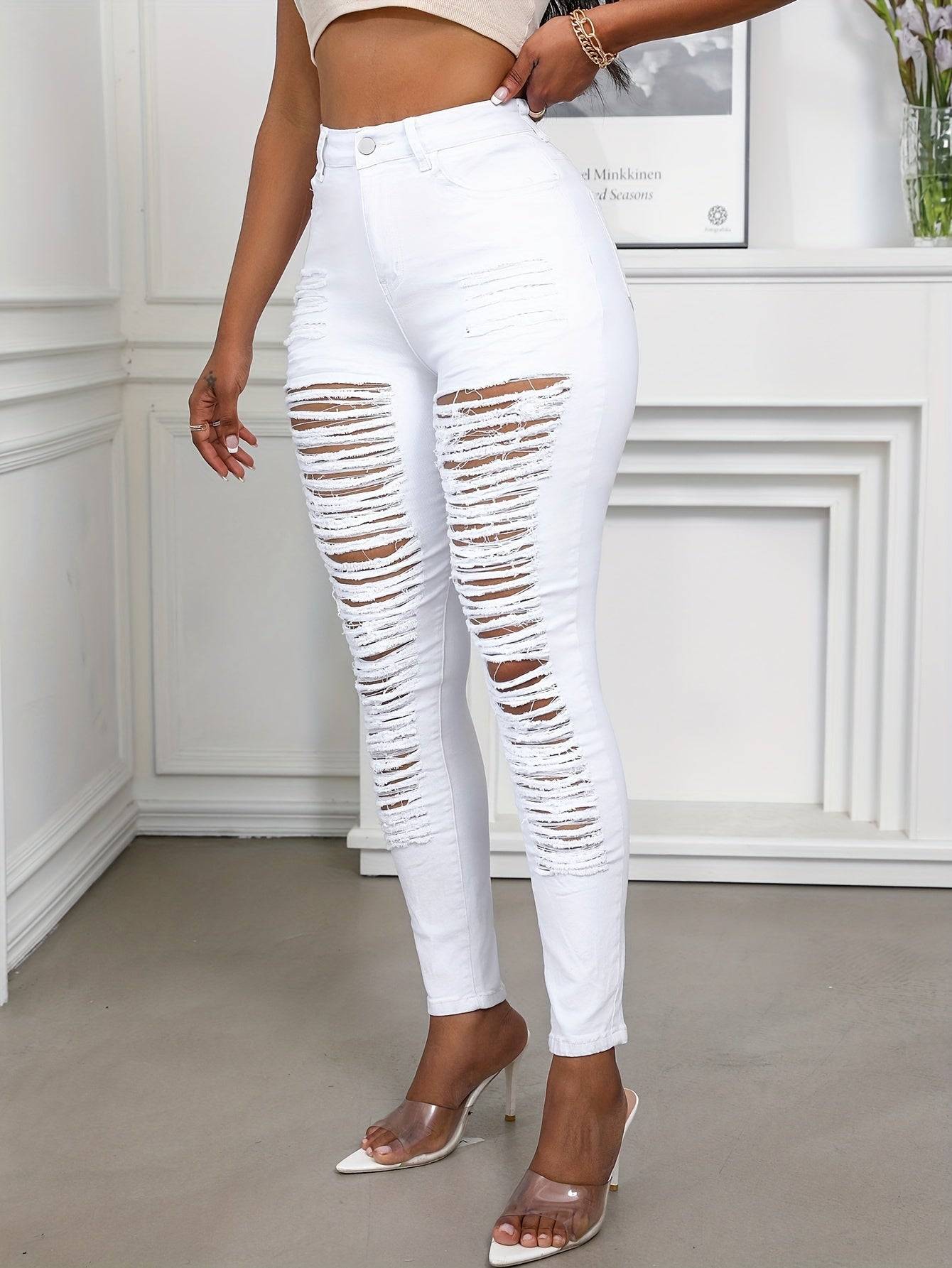 Women’s Black & White Stretch Ripped Jeans Distressed Design Casual All-Season Wear