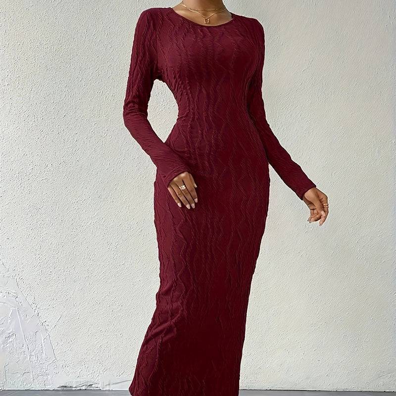 Ribbed Bodycon Midi Dress with Crew Neck Long Sleeves