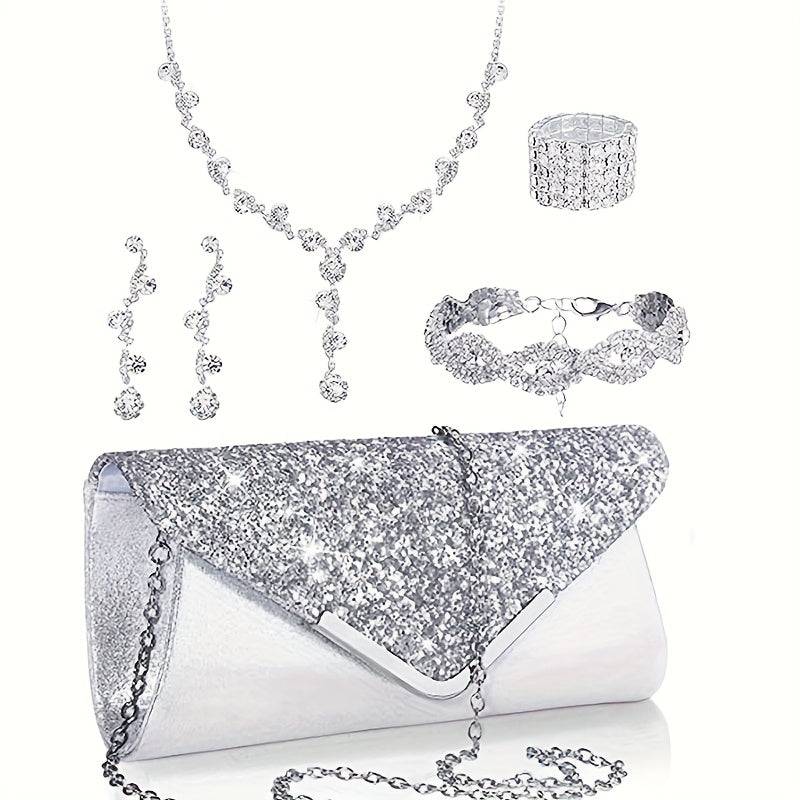 5pcs Women’s Rhinestone Accessory Set – Wallet, Clutch Bag, Necklace, Earrings & Bracelet for Brides and Formal Events