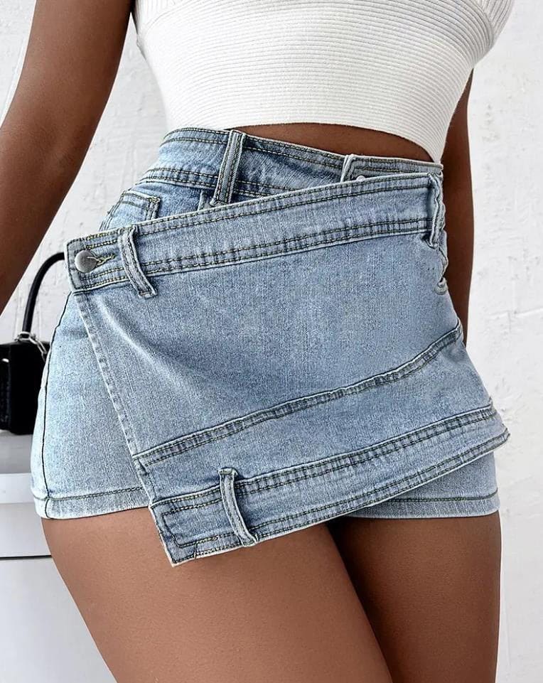 Street Vintage Denim Shorts Stretch Overlap Waist Wrap Solid Asymmetrical Hem A-Line Skinny Mini Skorts Skirt - PMMNAPOLES