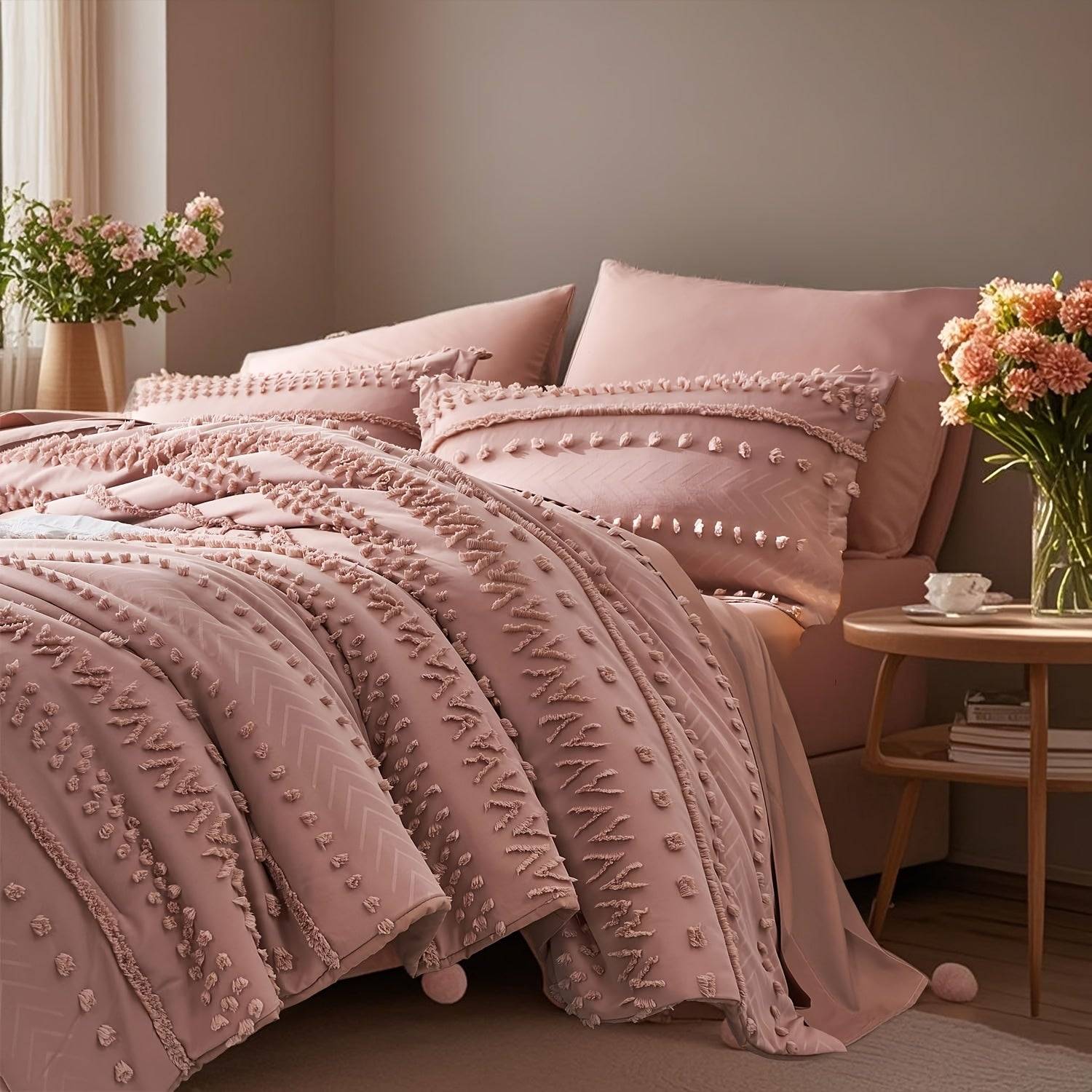 7-Piece Solid Color Tufted Comforter Set, Soft Microfiber and Polyester Bedding, Machine Washable, All-Season Use
