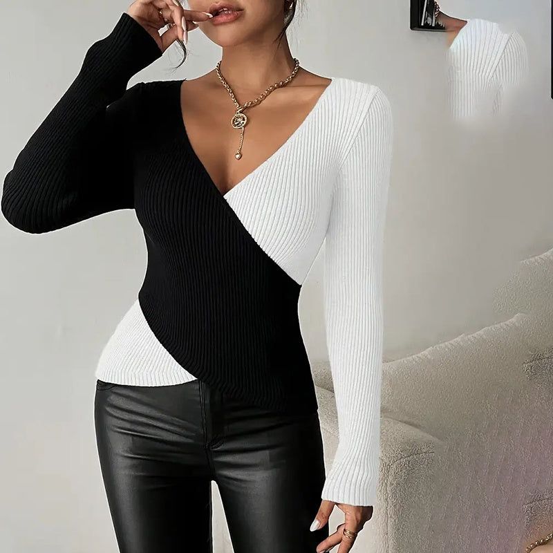 Sweater V Neck Cross Front Color Block Knit Top Women
