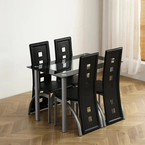 5 Piece Dining Table Set With Tempered Glass For Four