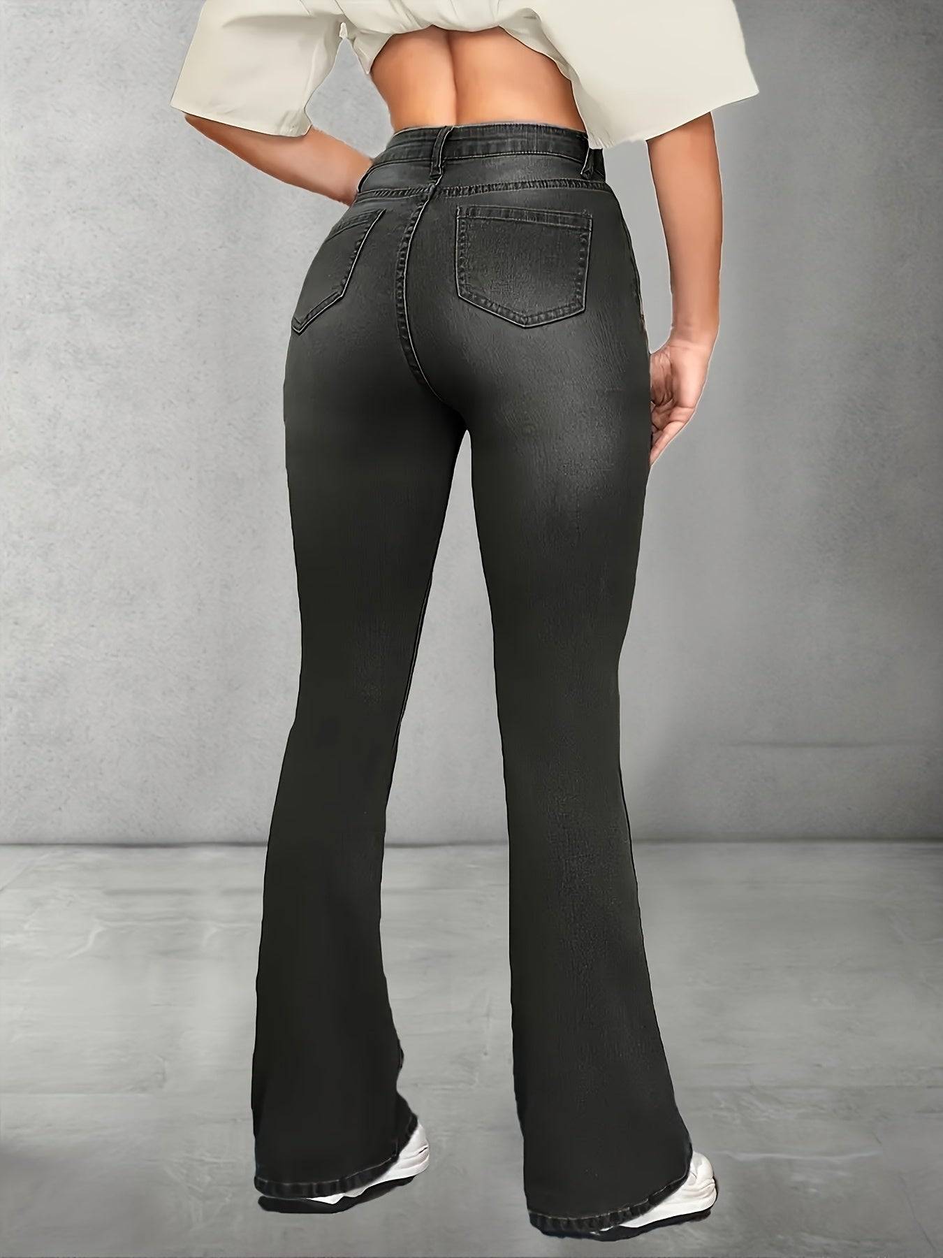 Women’s High-Waisted Flared Jeans Stretch Slim Fit in Black Vintage Style Lightweight Denim