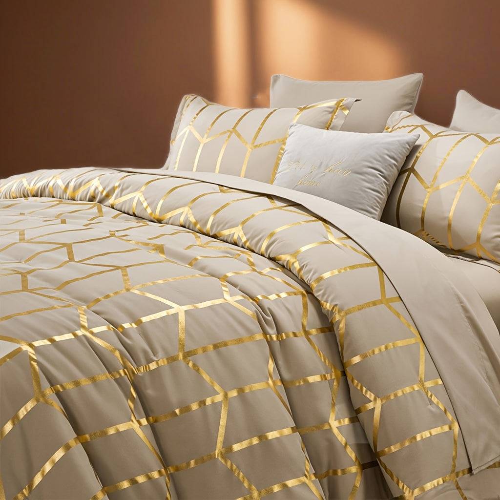 5/7-Piece Golden Foil Comforter Set, Soft Microfiber Queen Bedding with Pillowcases and Sheets, All-Season Easy-Care