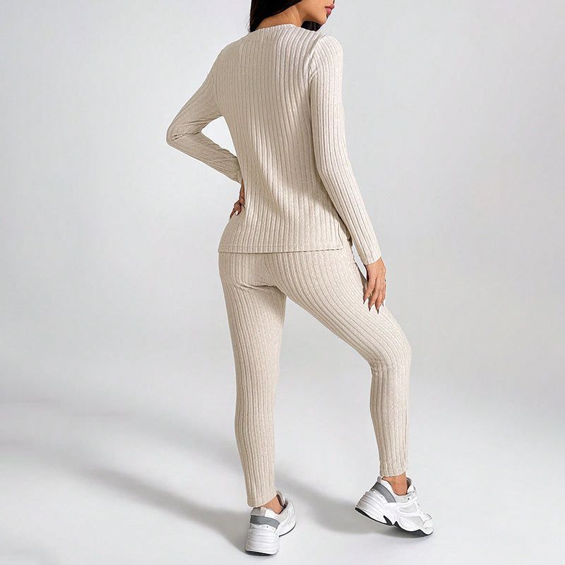 Matching Set Ribbed Knit Long Sleeve Top and Pants