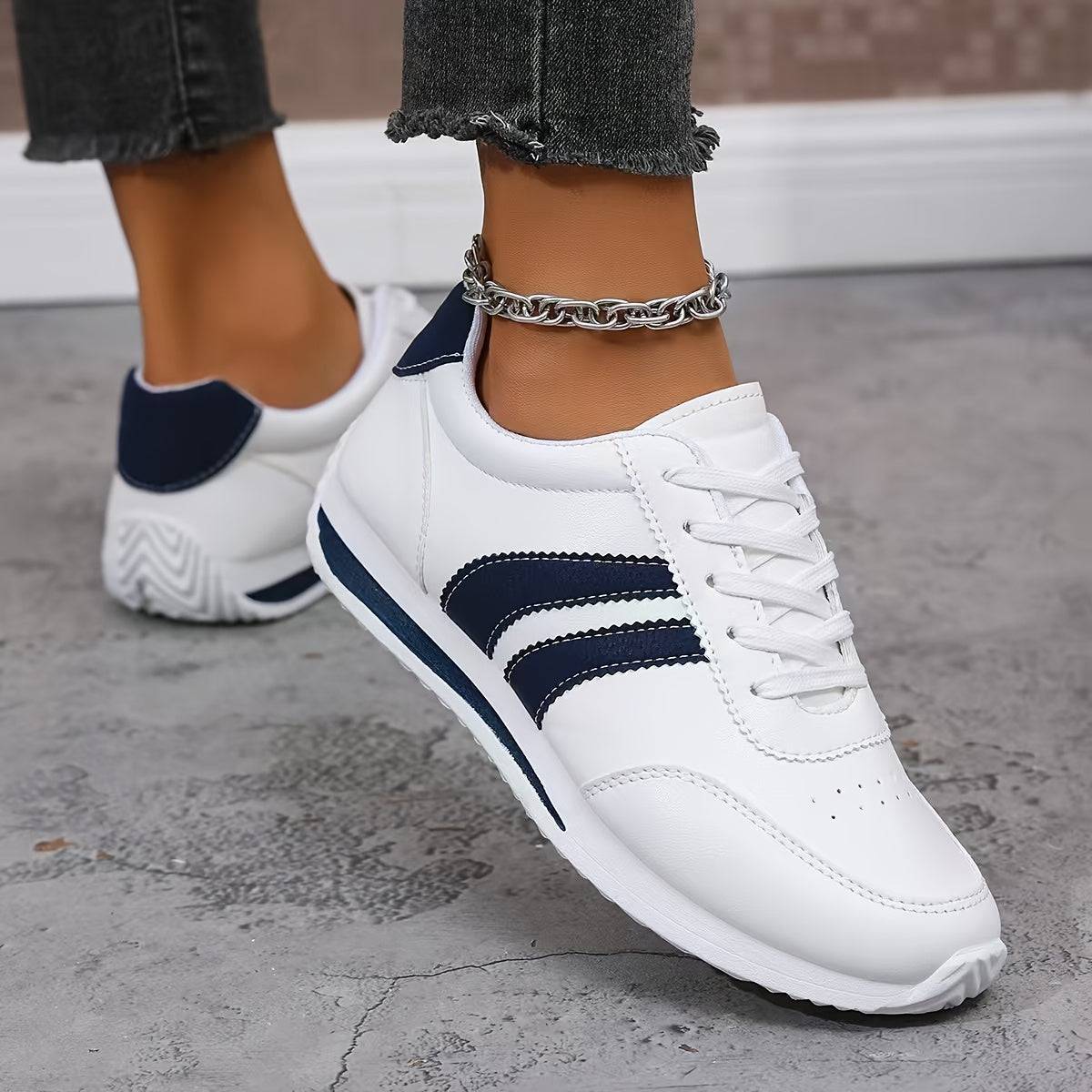 Women’s Lightweight Sneakers – Cushioned Insoles, Non-Slip Sole, White with Navy Accents