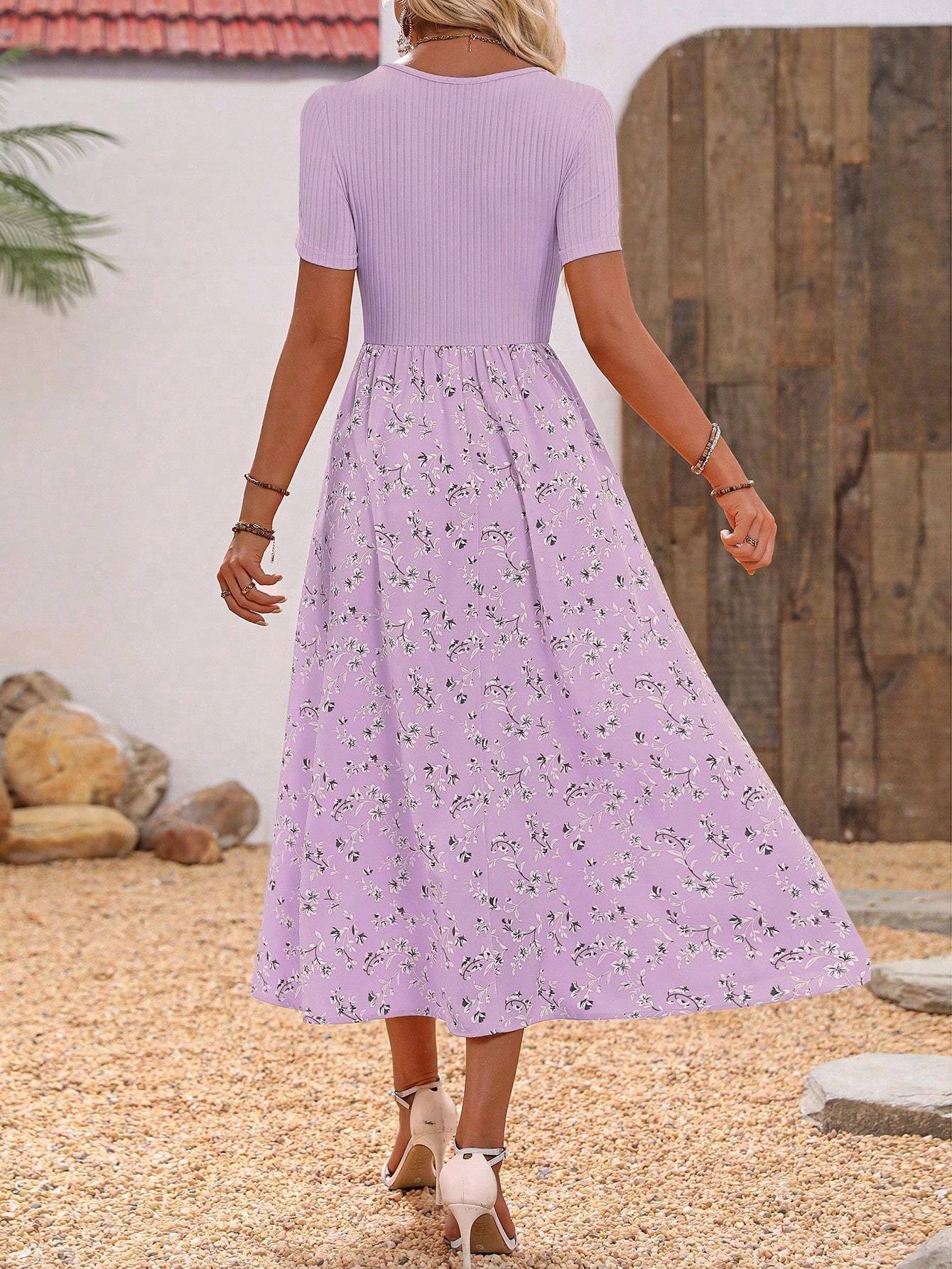 Womens Floral V Neck Short Sleeve A Line Summer Dress Black