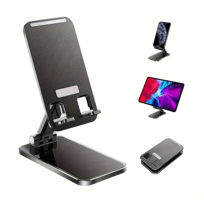 Metal desktop phone stand with 360° rotating base, foldable design, silicone pads, and mechanical click