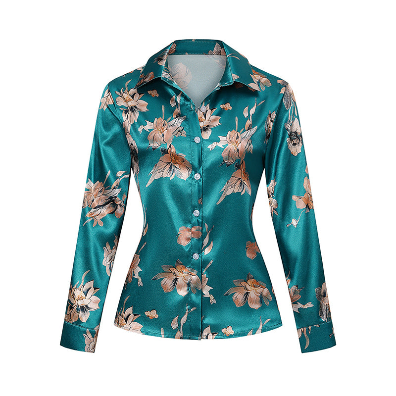 Elegant Satin Shirt with Lapel Collar and Tapered Waist