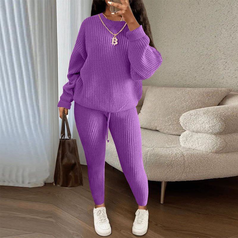 Women’s Ribbed Knit Sweater and Pants Set Loose Pullover Top with Drawstring Trousers