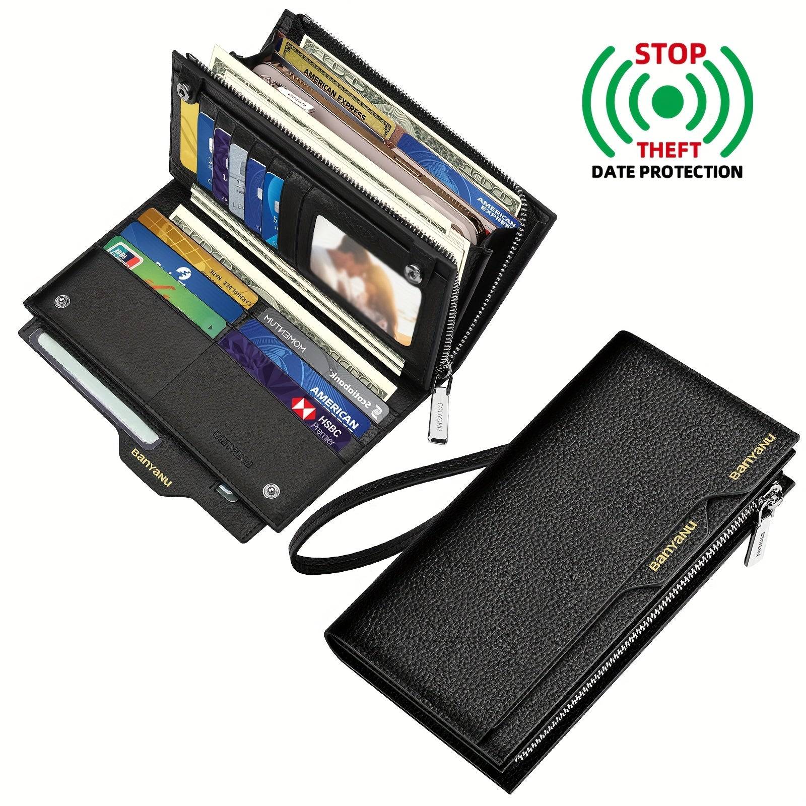 Genuine Leather RFID Blocking Clutch Wallet Large Capacity with 26 Card Slots, Phone Pockets & 2 ID Windows for Men & Women