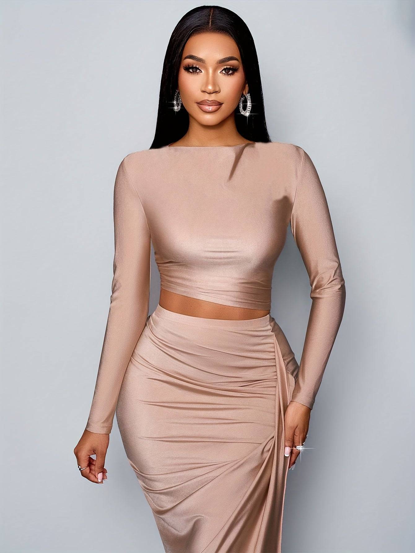 Women’s Elegant Two-Piece Set Long Sleeve Top & Asymmetric High-Slit Skirt Beige Ruched Design for Formal Events