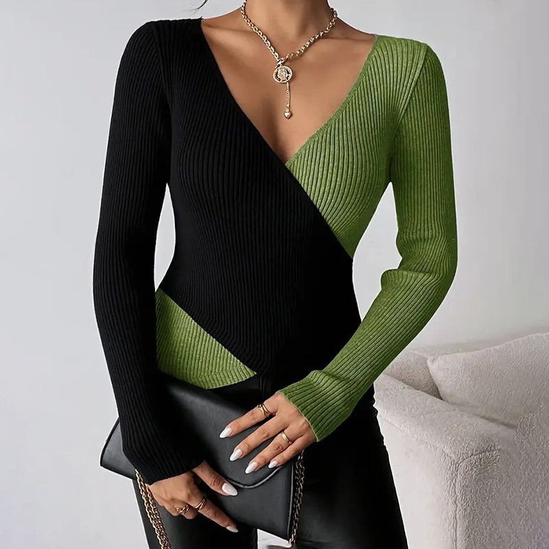 Sweater V Neck Cross Front Color Block Knit Top Women