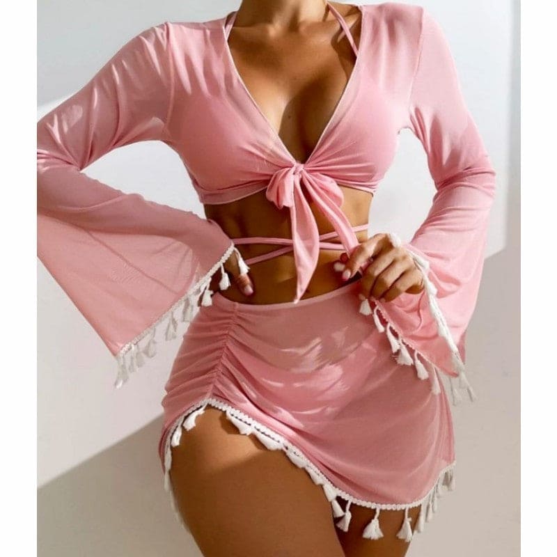 Solid Color Bikini With Short Skirt And Long Sleeve Cover-up Fashion Bow Tie Fringed Swimsuit Set Summer Beach Womens Clothing - PMMNAPOLES