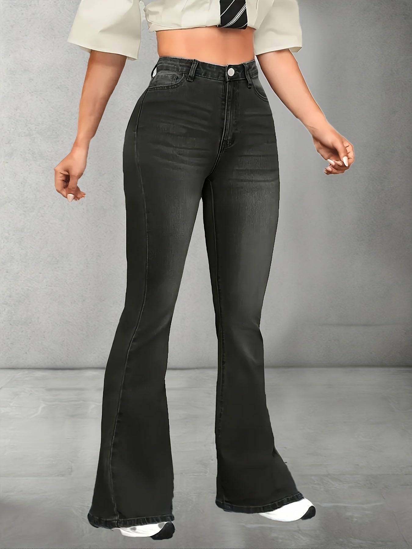 Women’s High-Waisted Flared Jeans Stretch Slim Fit in Black Vintage Style Lightweight Denim