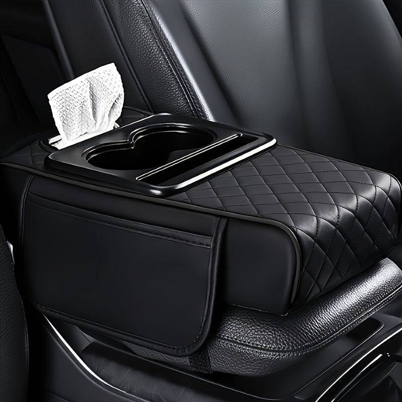 Universal Car Center Console Organizer with 2 Cup Holders and 2 Pockets, Faux PU Leather Armrest Cover with Multifunctional Storage for Phone and Accessories