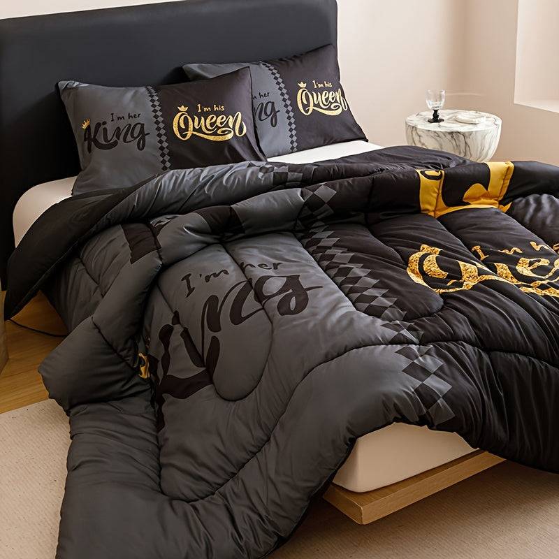 Crown Letter Quilt Set 3-Piece – Black & Grey Color Block Comforter with Pillowcases, 180gsm Padded