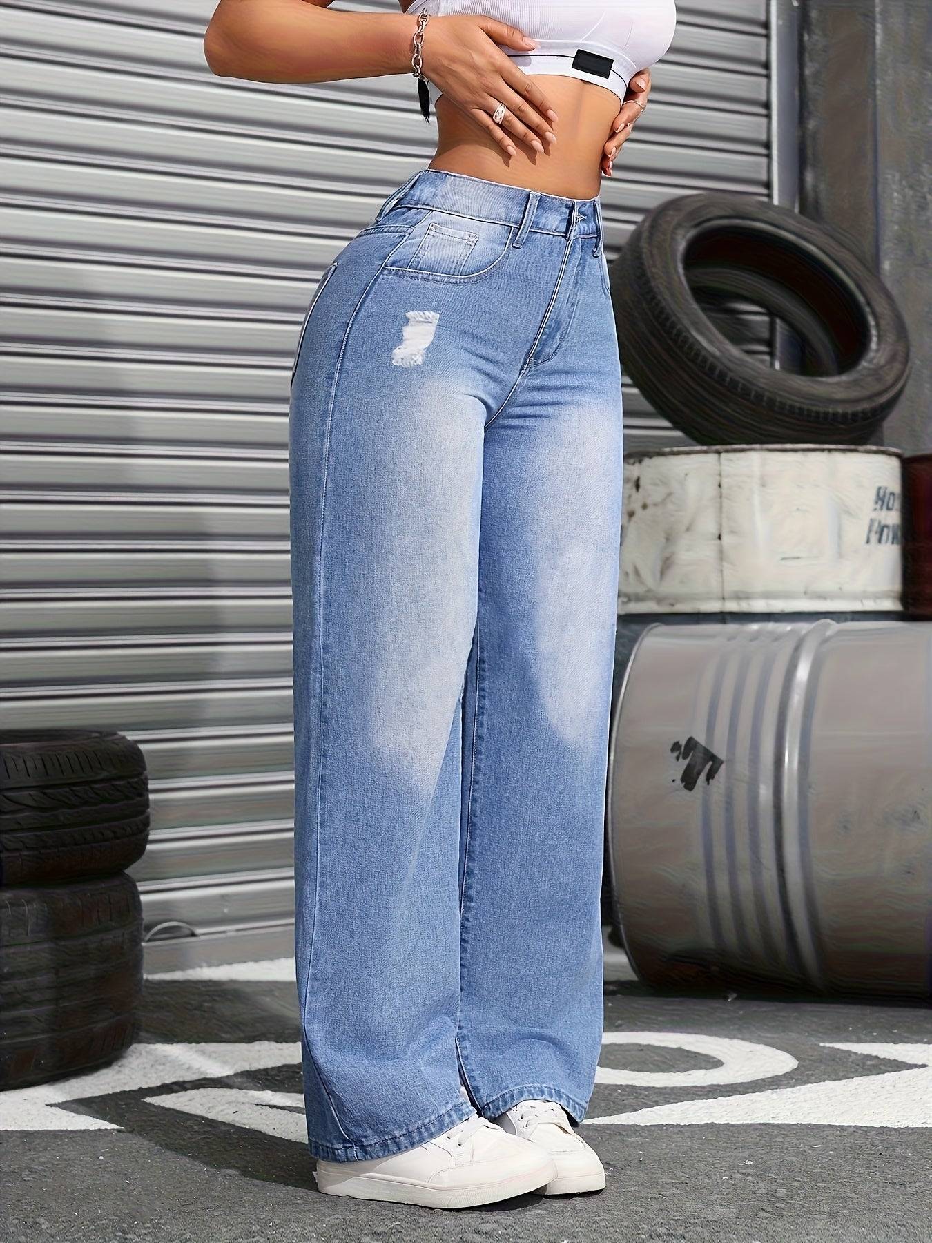 Women’s High-Waisted Stretch Jeans Distressed Wide-Leg Denim in Blue Casual Office-Ready Style