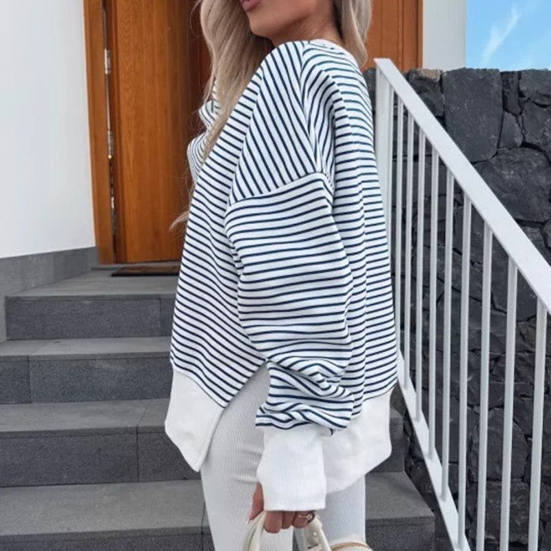 Striped Long Sleeve Sweatshirts with Side Slit Design