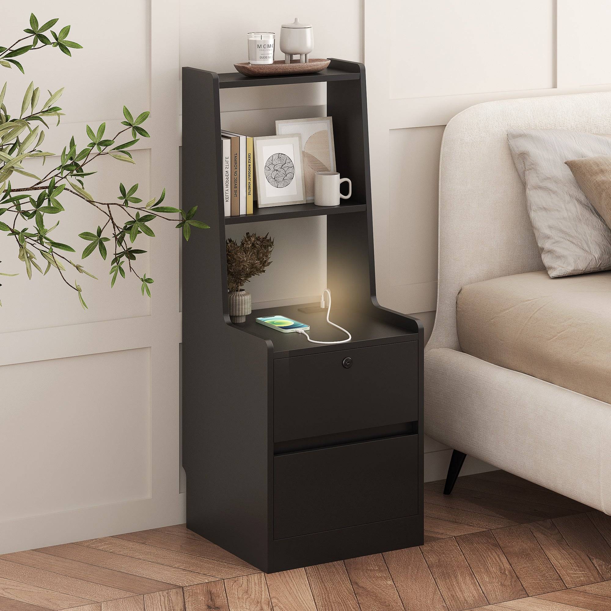 Smart Nightstand With Charging Station And Bookshelf