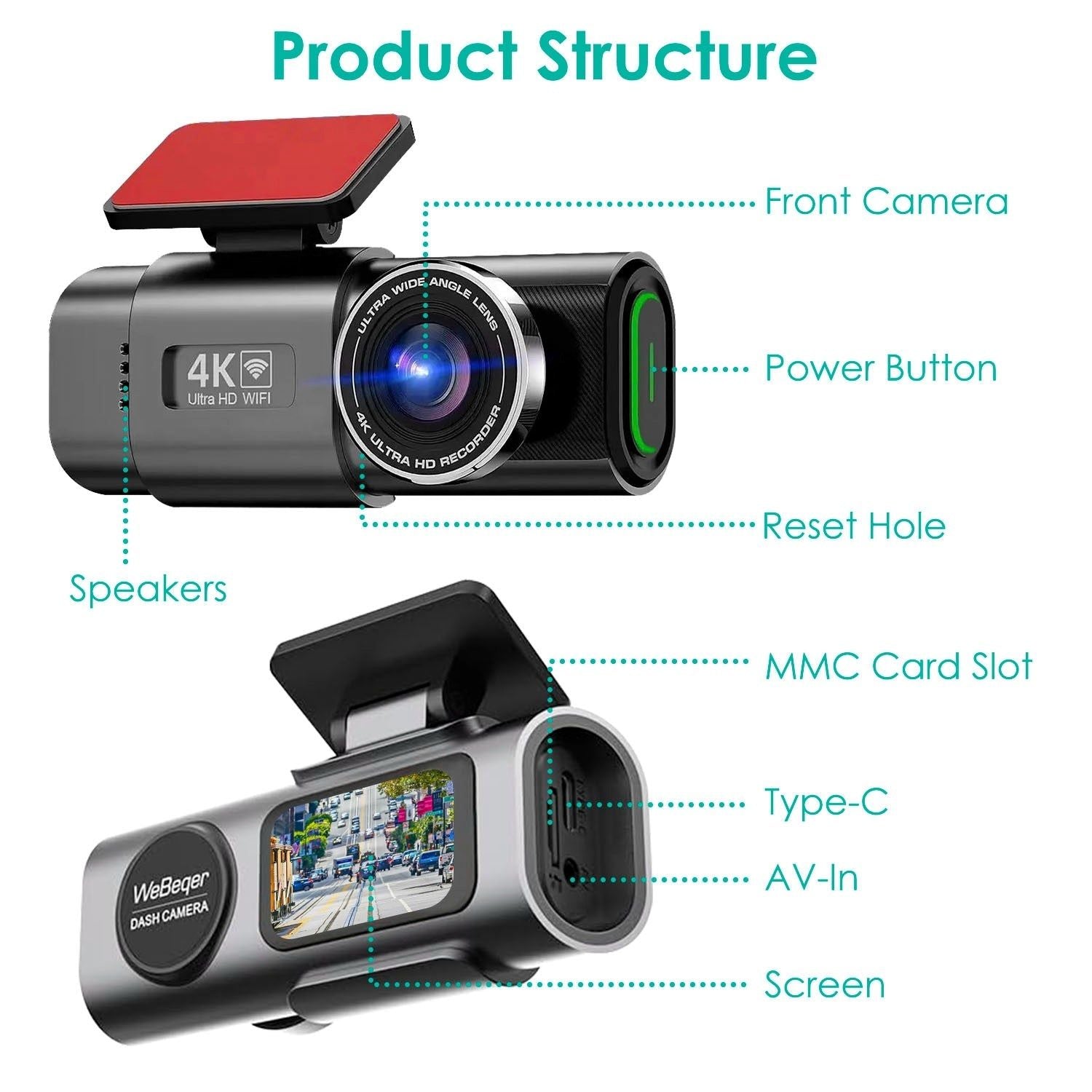 Dash Cam 4K Front 1080P Rear WiFi Mini Dual Camera