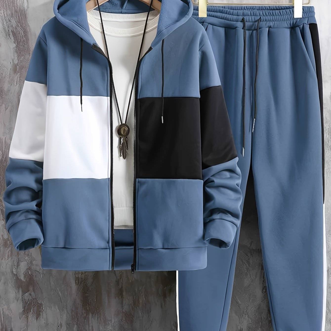 Men's Two-Piece Tracksuit, Contrast Zipper Hoodie with Long Sleeves and Drawstring Pants, Casual Outfit for Outdoor Wear